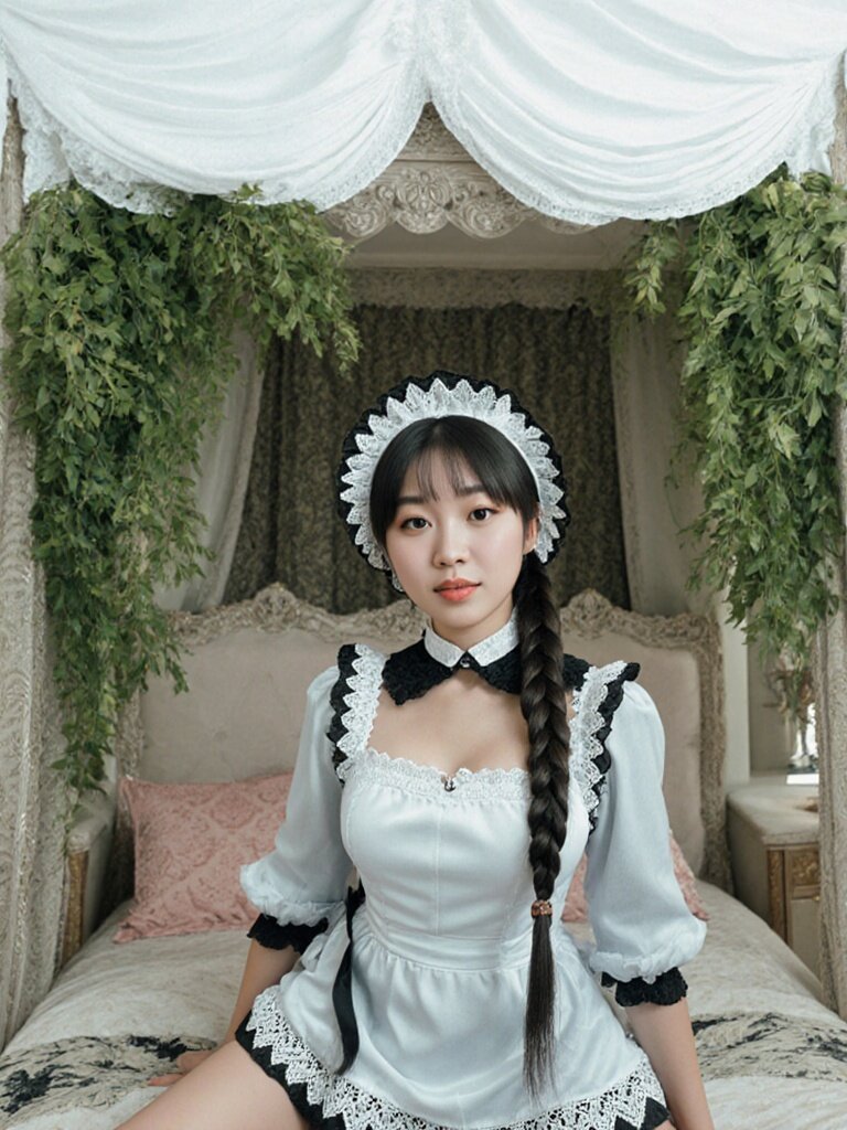 Cute Asian girl in Victorian maid outfit, elegant bedroom with canopy bed, soft lighting