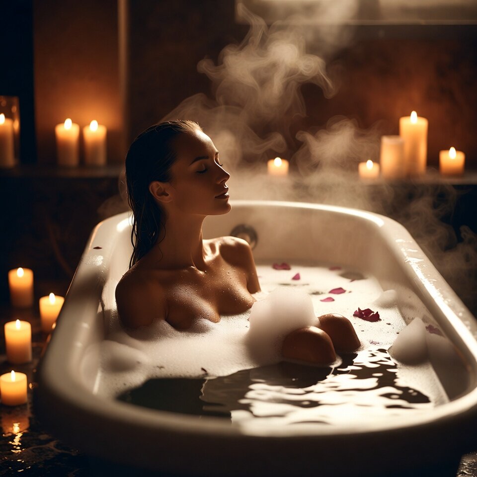 Romantic candlelit bath scene, rose petals, steam rising, warm amber tones, cinematic lighting