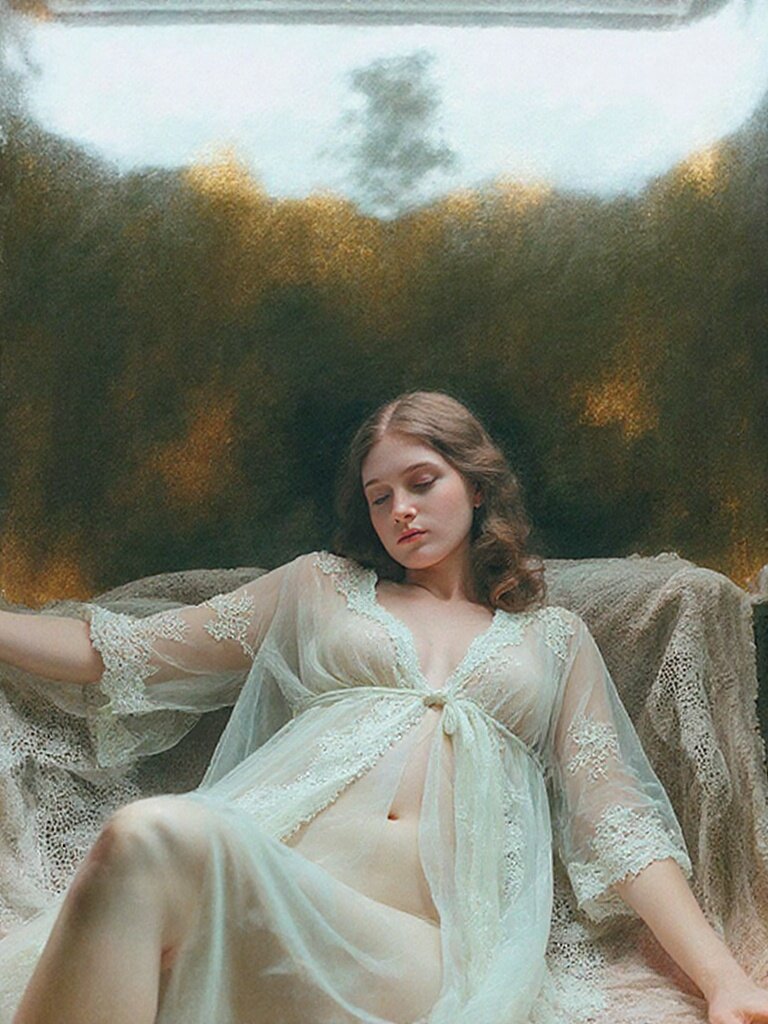 Elegant woman in sheer lace robe, natural window light, classical oil painting style